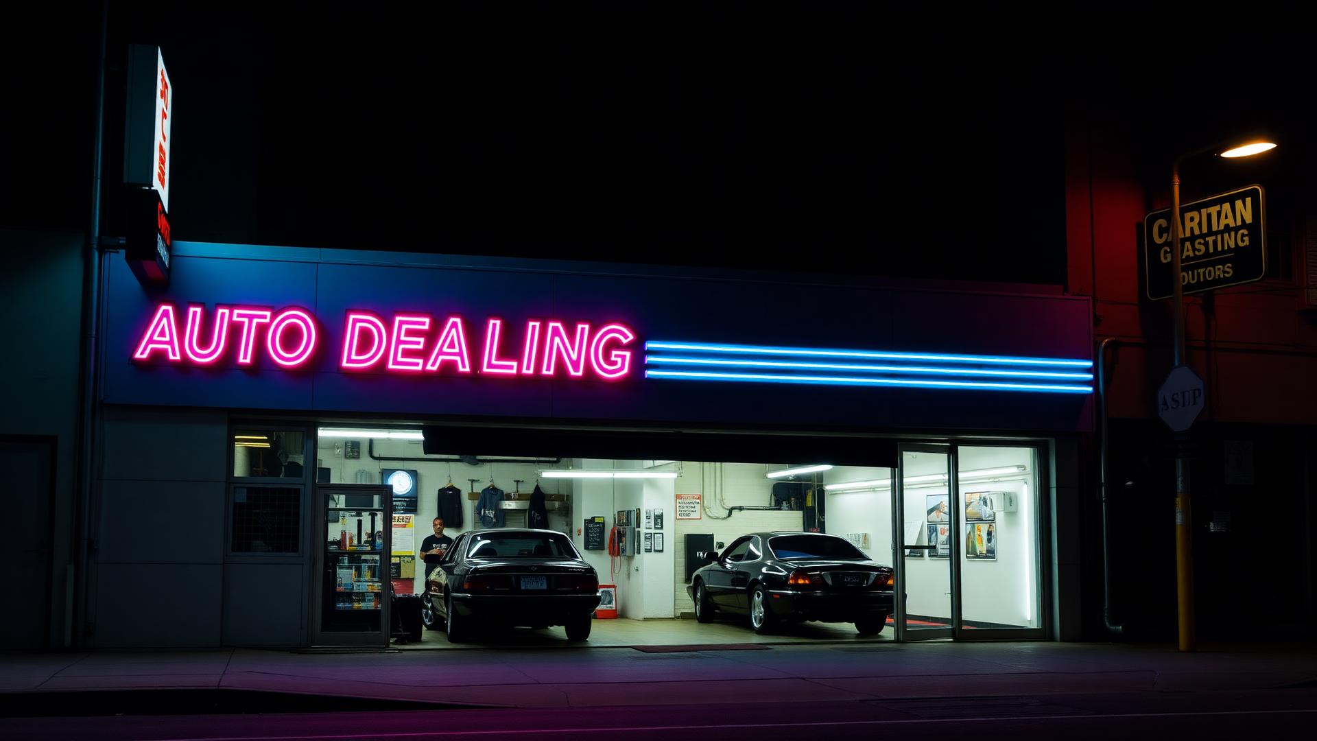 Garage exterior at night